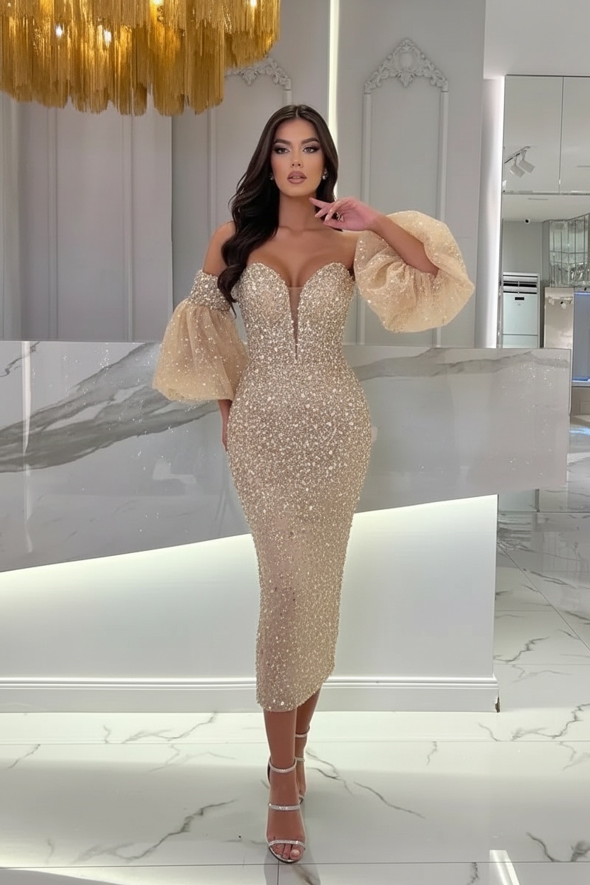 Light Blue Tea Length Sequins Prom Dress With Puffy Sleeves