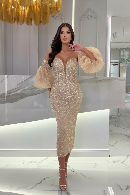 Light Blue Tea Length Sequins Prom Dress With Puffy Sleeves