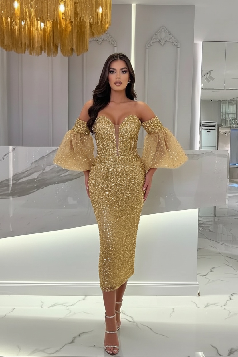 Light Blue Tea Length Sequins Prom Dress With Puffy Sleeves