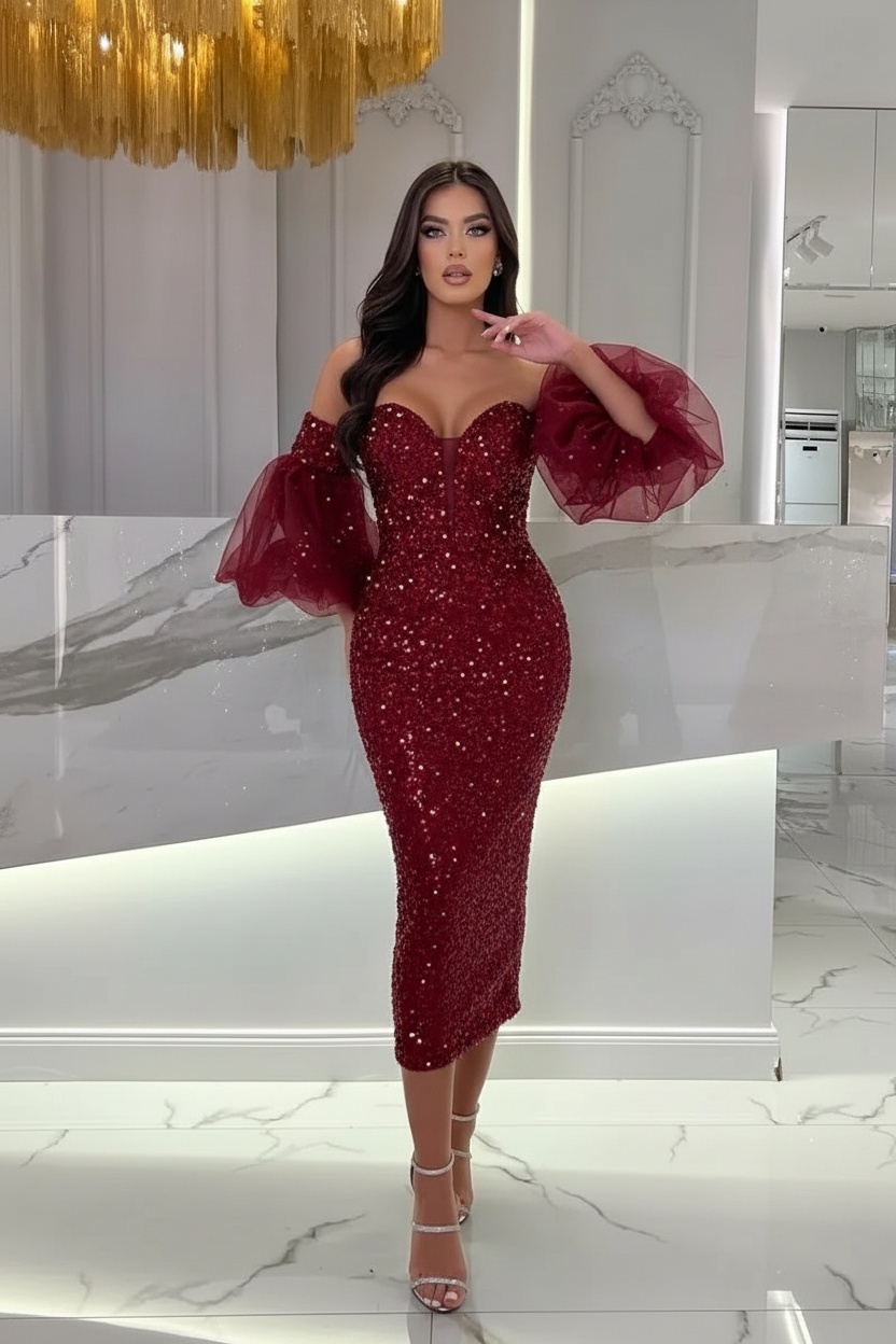 Light Blue Tea Length Sequins Prom Dress With Puffy Sleeves