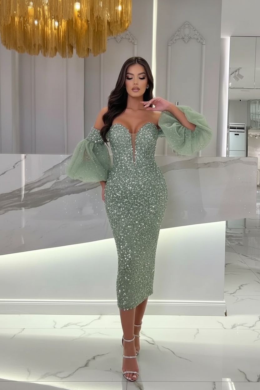 Light Blue Tea Length Sequins Prom Dress With Puffy Sleeves