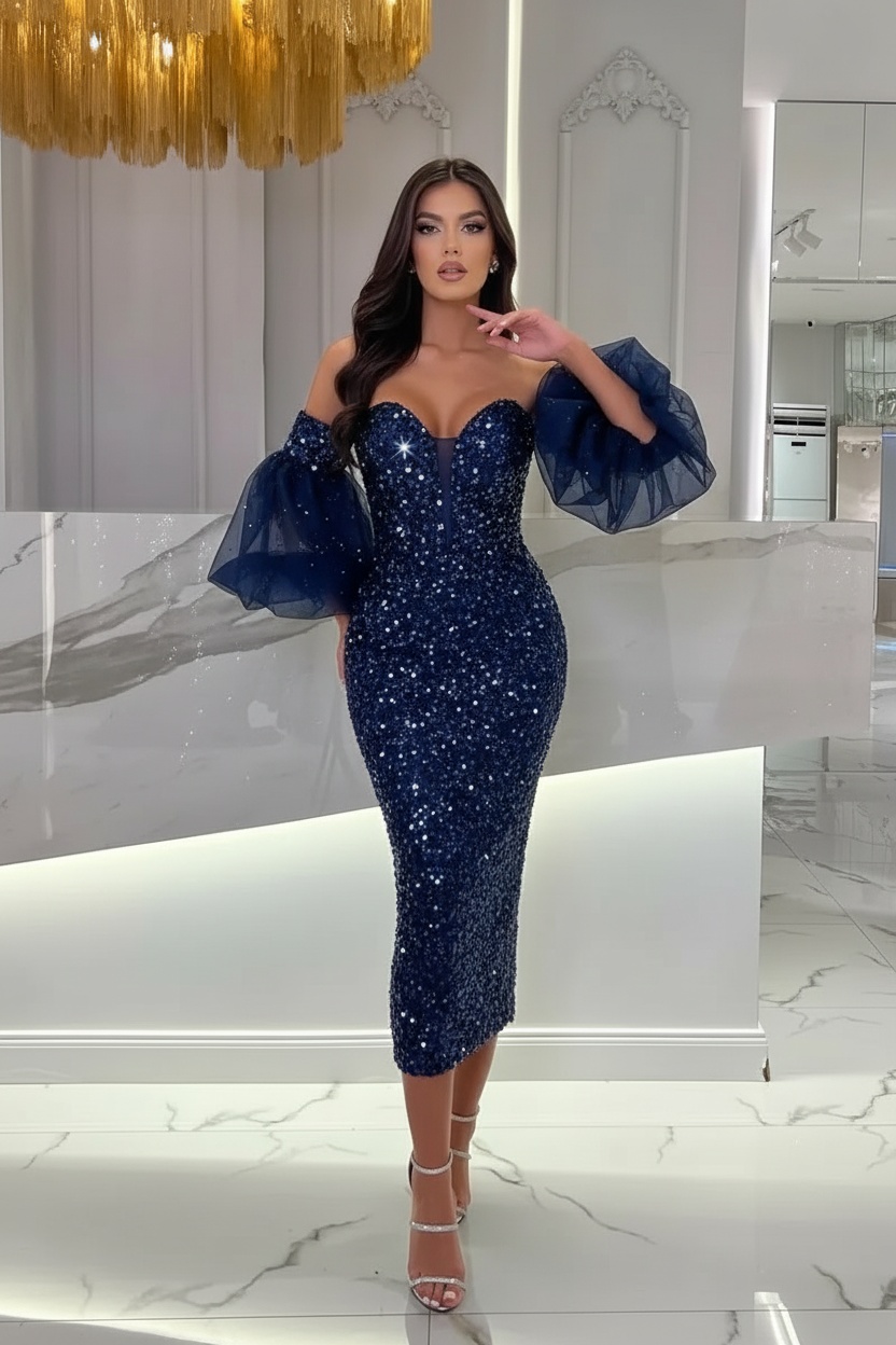 Light Blue Tea Length Sequins Prom Dress With Puffy Sleeves