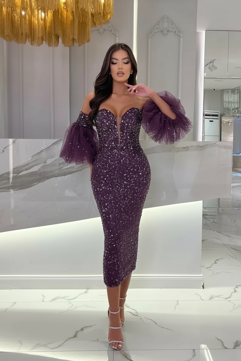 Light Blue Tea Length Sequins Prom Dress With Puffy Sleeves