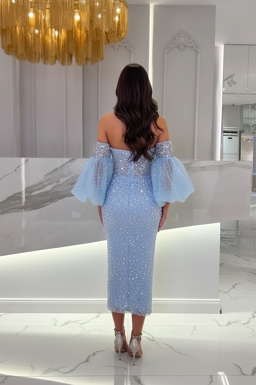 Light Blue Tea Length Sequins Prom Dress With Puffy Sleeves