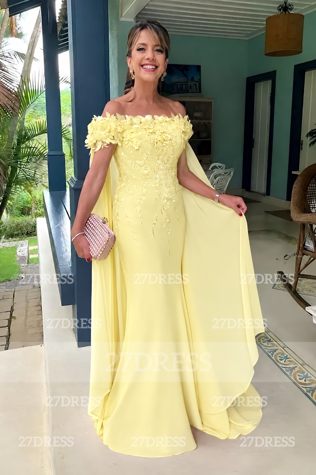 Off-the-Shoulder Pink Flowers Chiffon Mother of the Bride Dress Floor Length Wedding Guest Dress