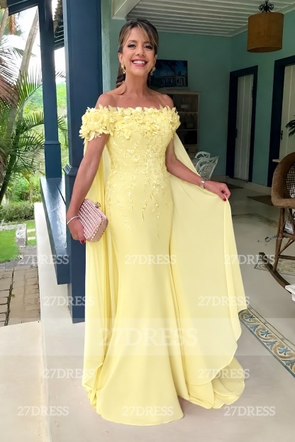 Off-the-Shoulder Pink Flowers Chiffon Mother of the Bride Dress Floor Length Wedding Guest Dress