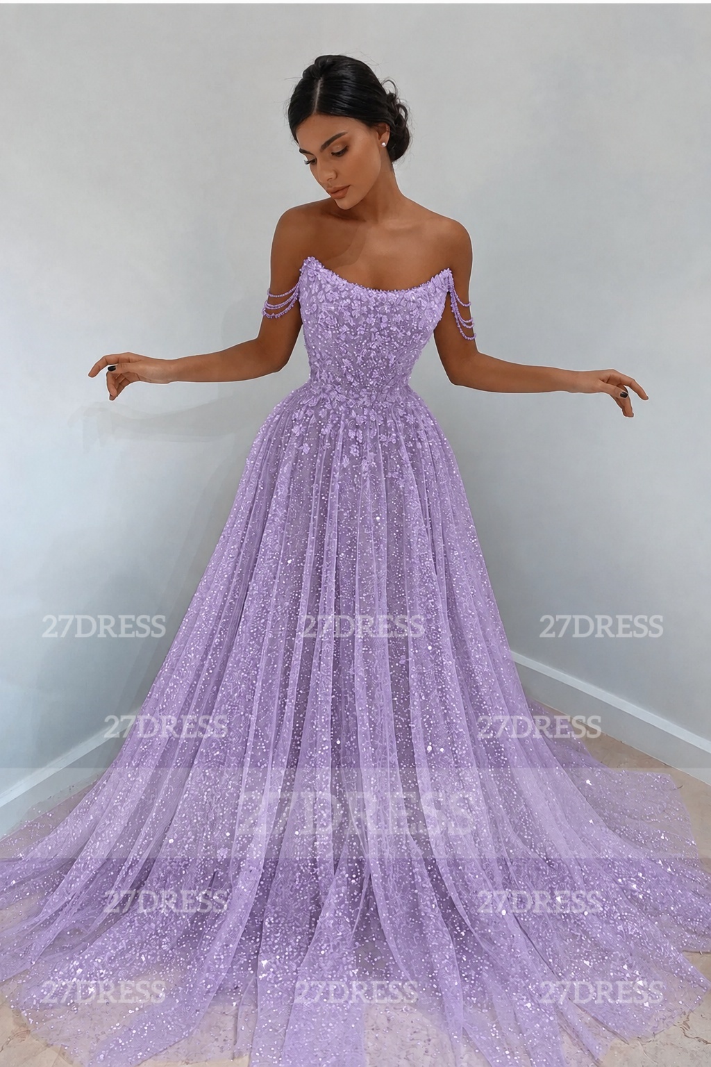 Glitter Off-the-Shoulder Beaded Evening Sequins A-Line Prom Dresses