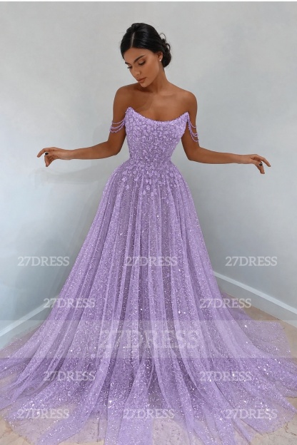 Glitter Off-the-Shoulder Beaded Evening Sequins A-Line Prom Dresses