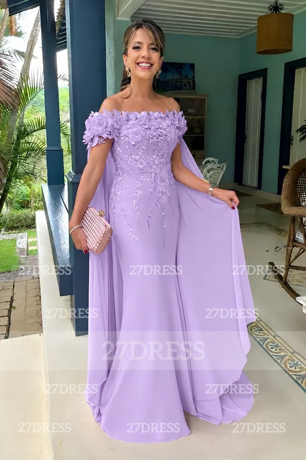 Off-the-Shoulder Pink Flowers Chiffon Mother of the Bride Dress Floor Length Wedding Guest Dress