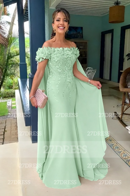 Off-the-Shoulder Pink Flowers Chiffon Mother of the Bride Dress Floor Length Wedding Guest Dress