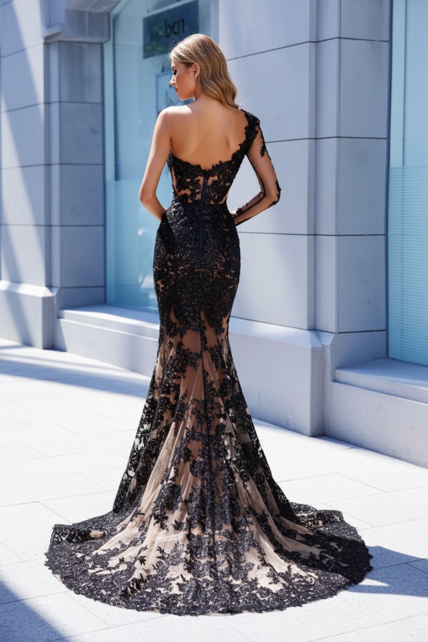 Modern Black Lace One-Shoulder Prom Dress UK | Front Split Evening Gown BA9571