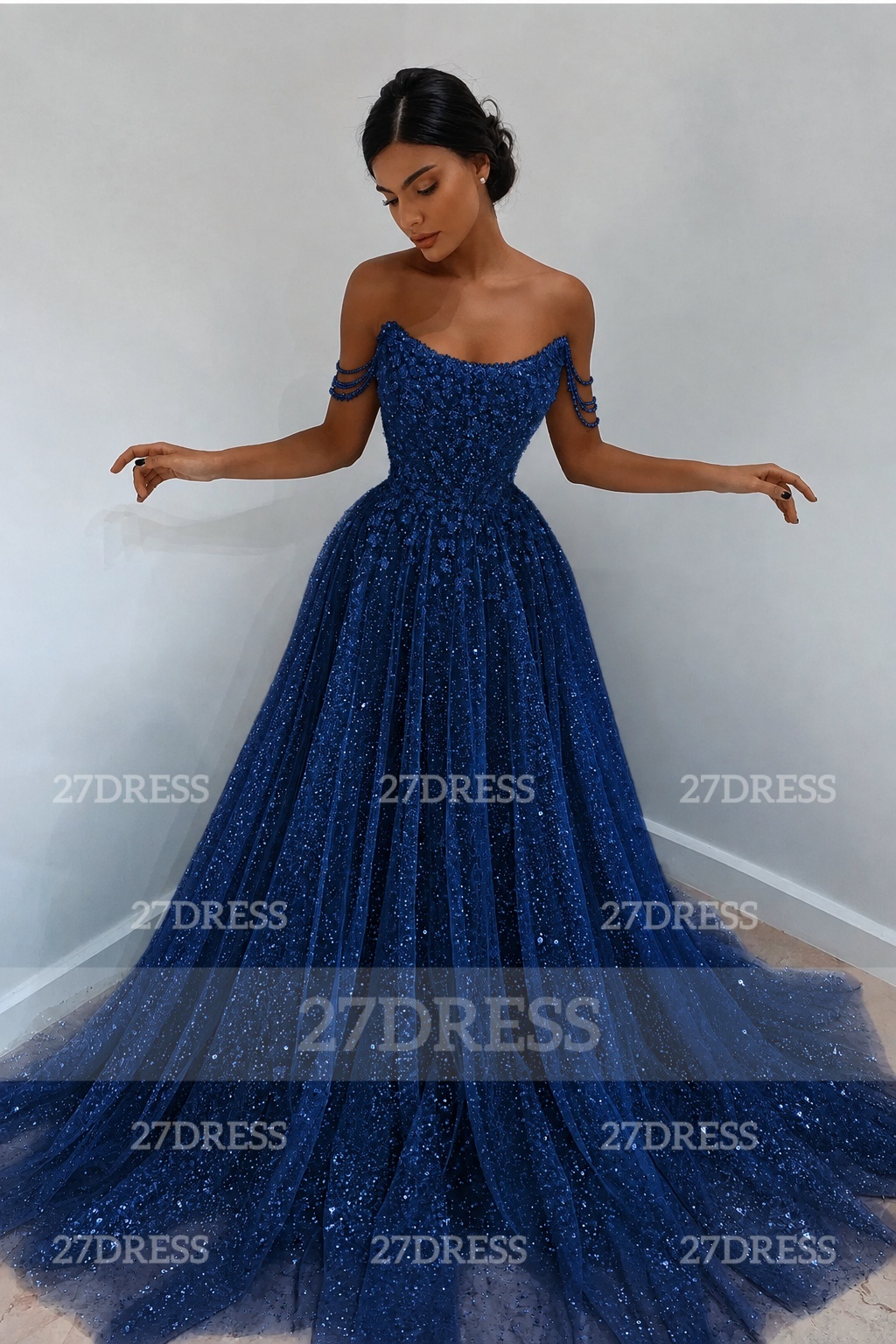 Glitter Off-the-Shoulder Beaded Evening Sequins A-Line Prom Dresses