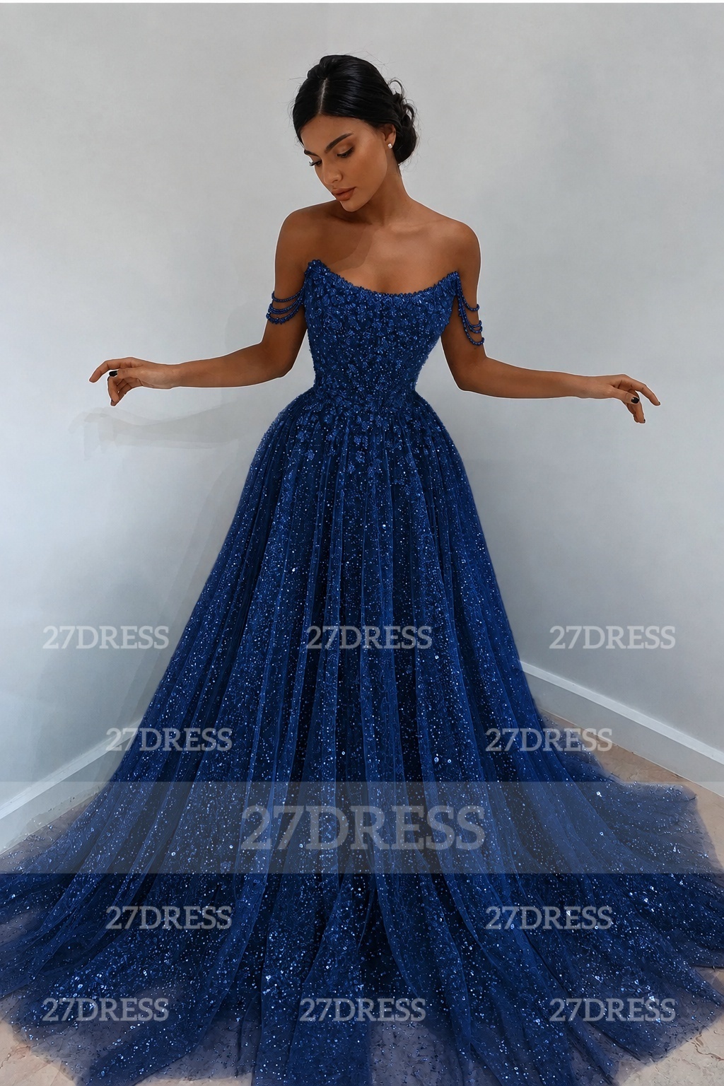 Glitter Off-the-Shoulder Beaded Evening Sequins A-Line Prom Dresses