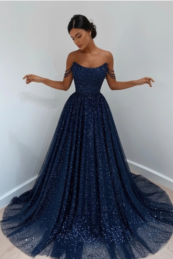 Glitter Strapless A-Line Sequins Applique Prom Dresses