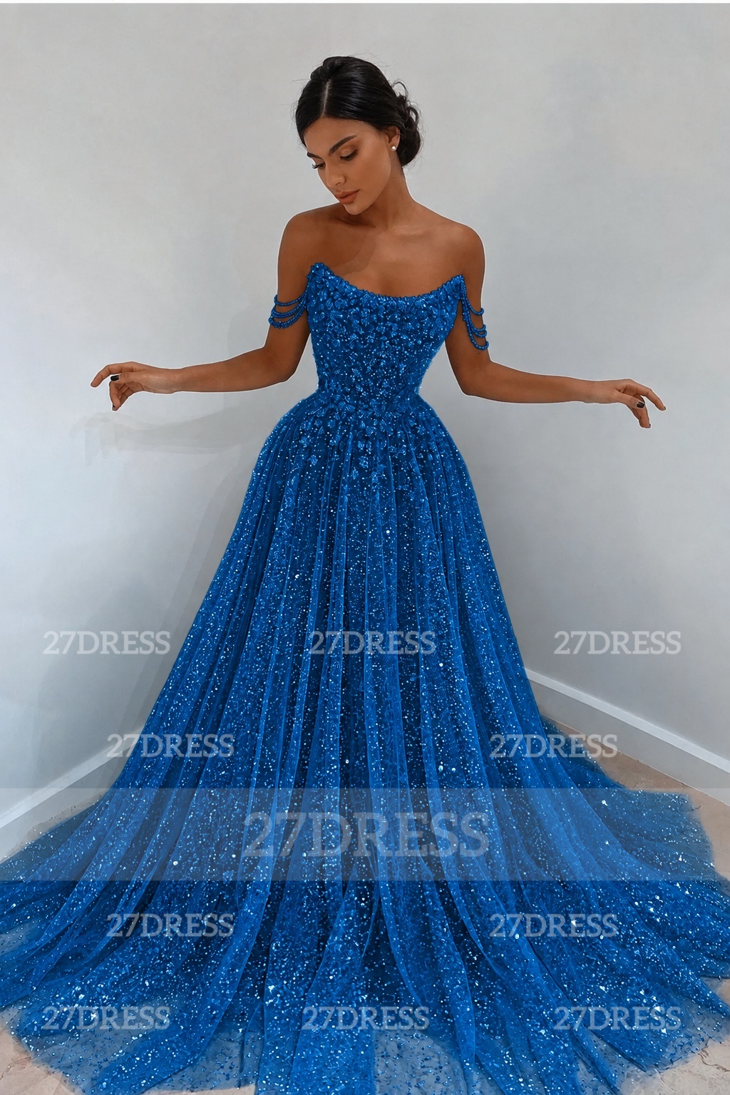 Glitter Off-the-Shoulder Beaded Evening Sequins A-Line Prom Dresses
