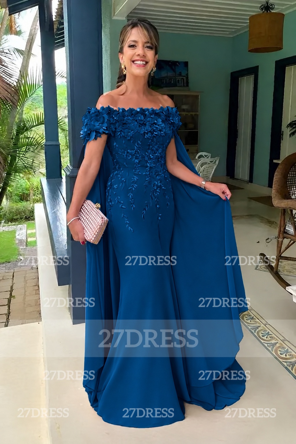 Off-the-Shoulder Pink Flowers Chiffon Mother of the Bride Dress Floor Length Wedding Guest Dress