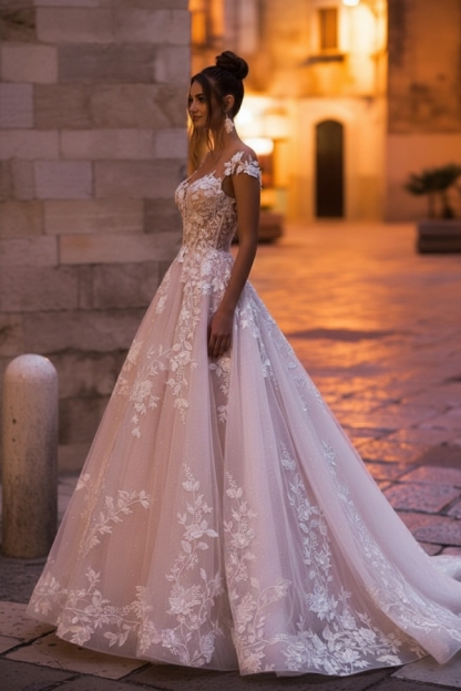 Off-the-Shoulder A-Line Tulle Lace Applique Wedding Dresses