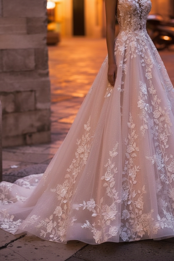 Off-the-Shoulder A-Line Tulle Lace Applique Wedding Dresses