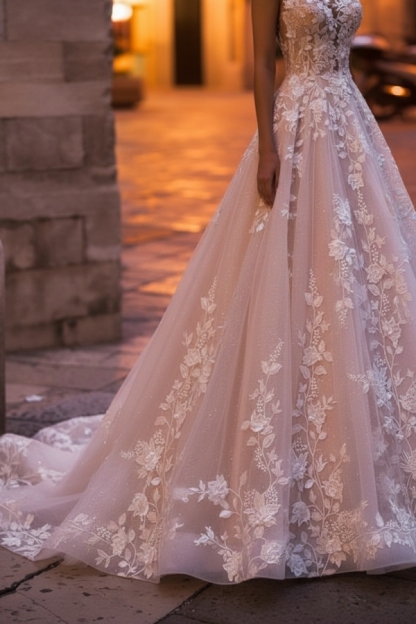 Off-the-Shoulder A-Line Tulle Lace Applique Wedding Dresses