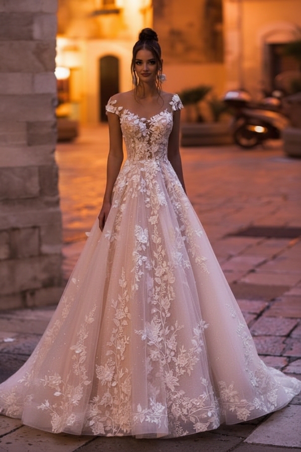 Off-the-Shoulder A-Line Tulle Lace Applique Wedding Dresses