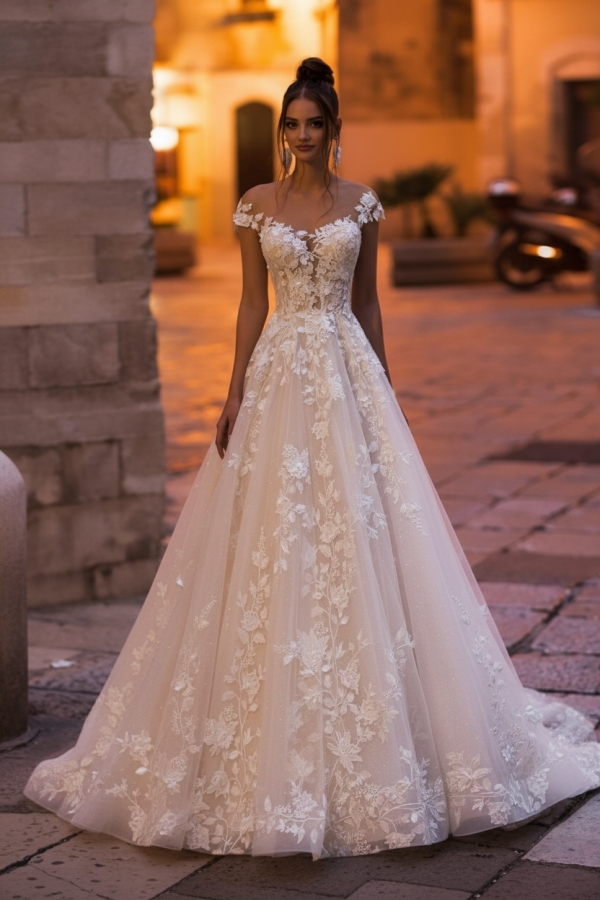 Off-the-Shoulder A-Line Tulle Lace Applique Wedding Dresses