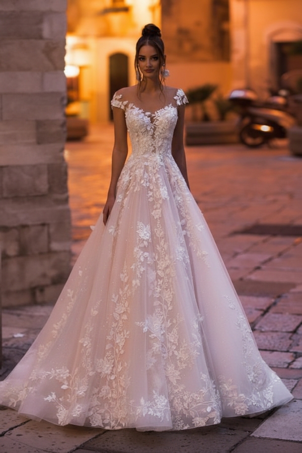 Off-the-Shoulder A-Line Tulle Lace Applique Wedding Dresses