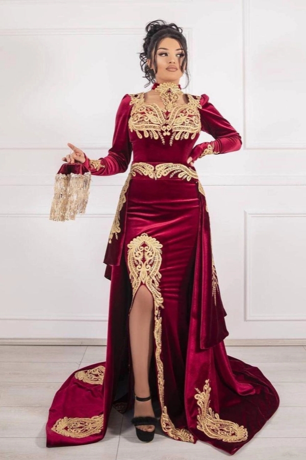 Burgundy Velvet Evening Gown Long Sleeves Side Split Gold Appliques Formal Dress