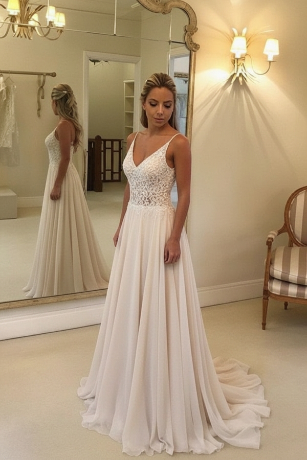 Open Back V-Neck Lace Chiffon Wedding Dress