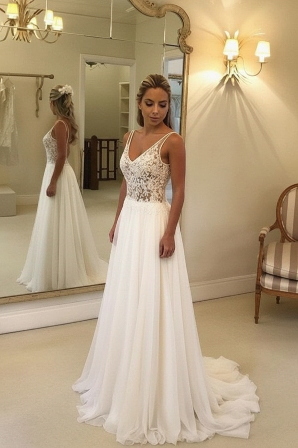 Open Back V-Neck Lace Chiffon Wedding Dress