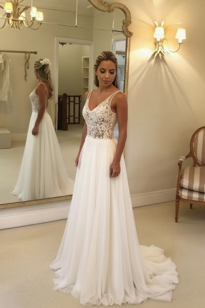 Open Back V-Neck Lace Chiffon Wedding Dress
