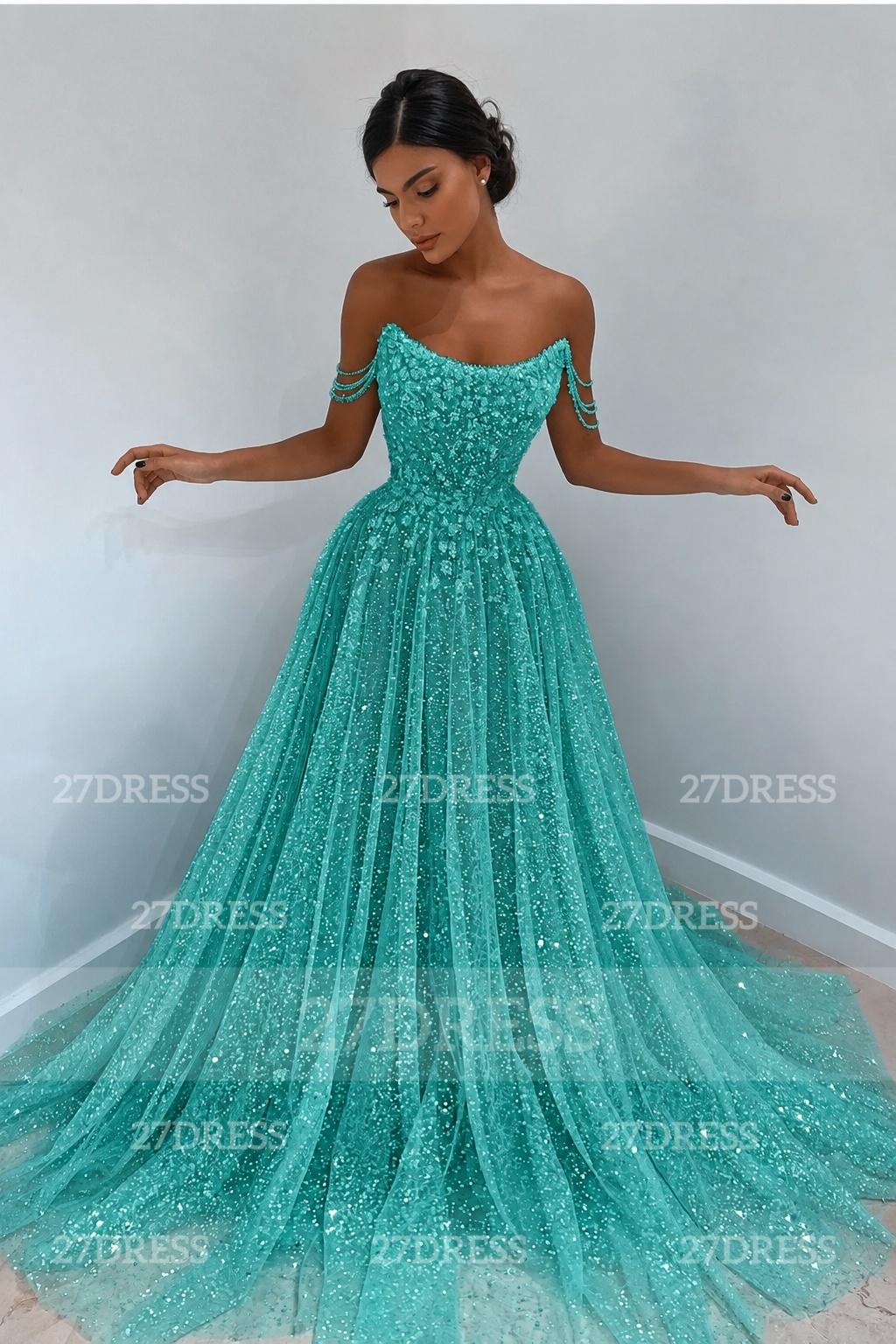 Glitter Off-the-Shoulder Beaded Evening Sequins A-Line Prom Dresses