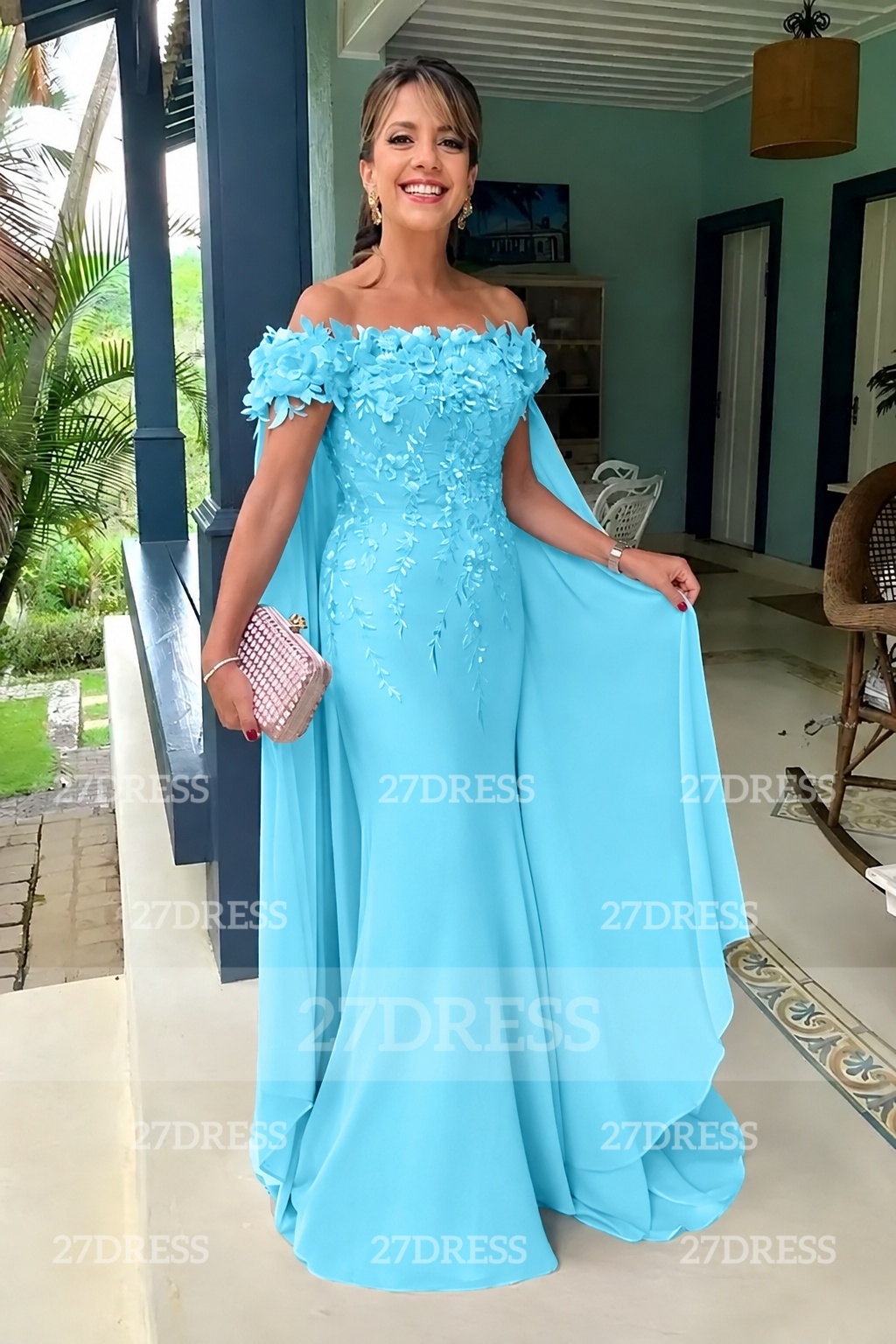 Off-the-Shoulder Pink Flowers Chiffon Mother of the Bride Dress Floor Length Wedding Guest Dress