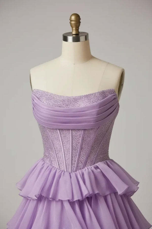 Purple Strapless Chiffon Ruffles Long A-Line Prom Dress