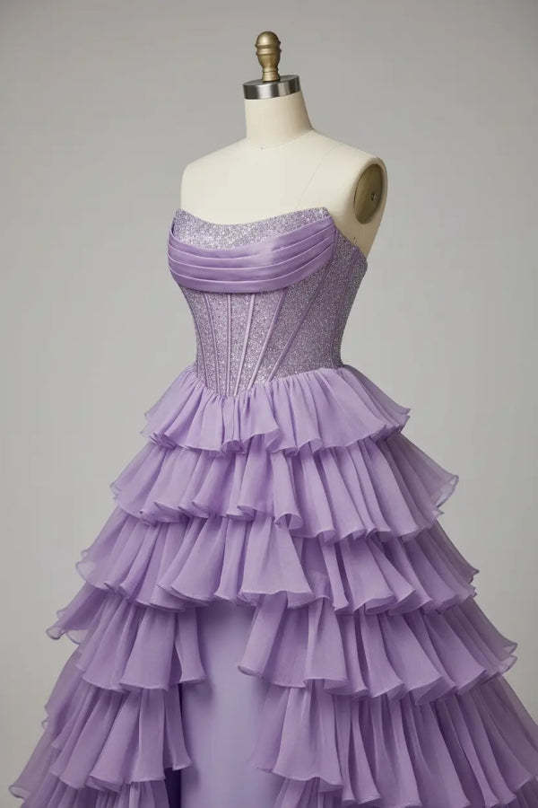 Purple Strapless Chiffon Ruffles Long A-Line Prom Dress