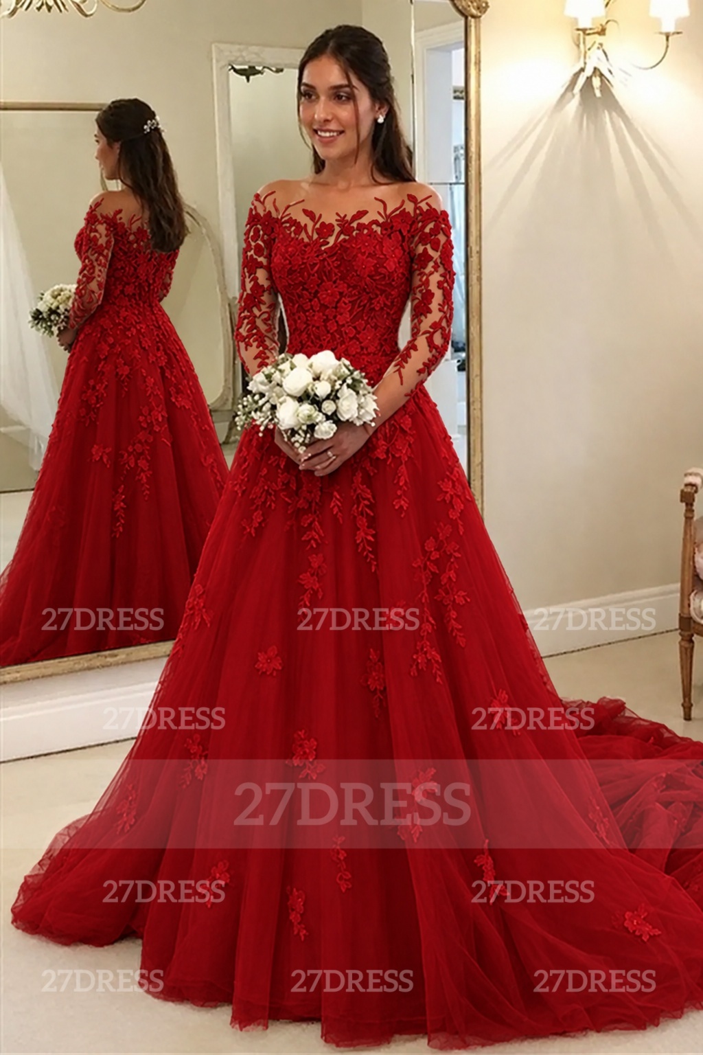 Elegant Long Sleeves Ｗedding Dress Aline Floral Lace Tulle Bridal Gown