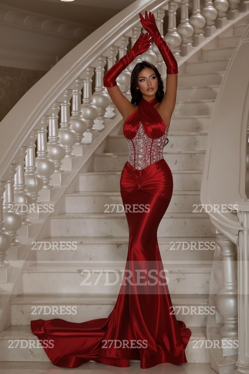 Glitter Ruched Satin Bodycon Mermaid Prom Dress Halter Crystals Party Dresses