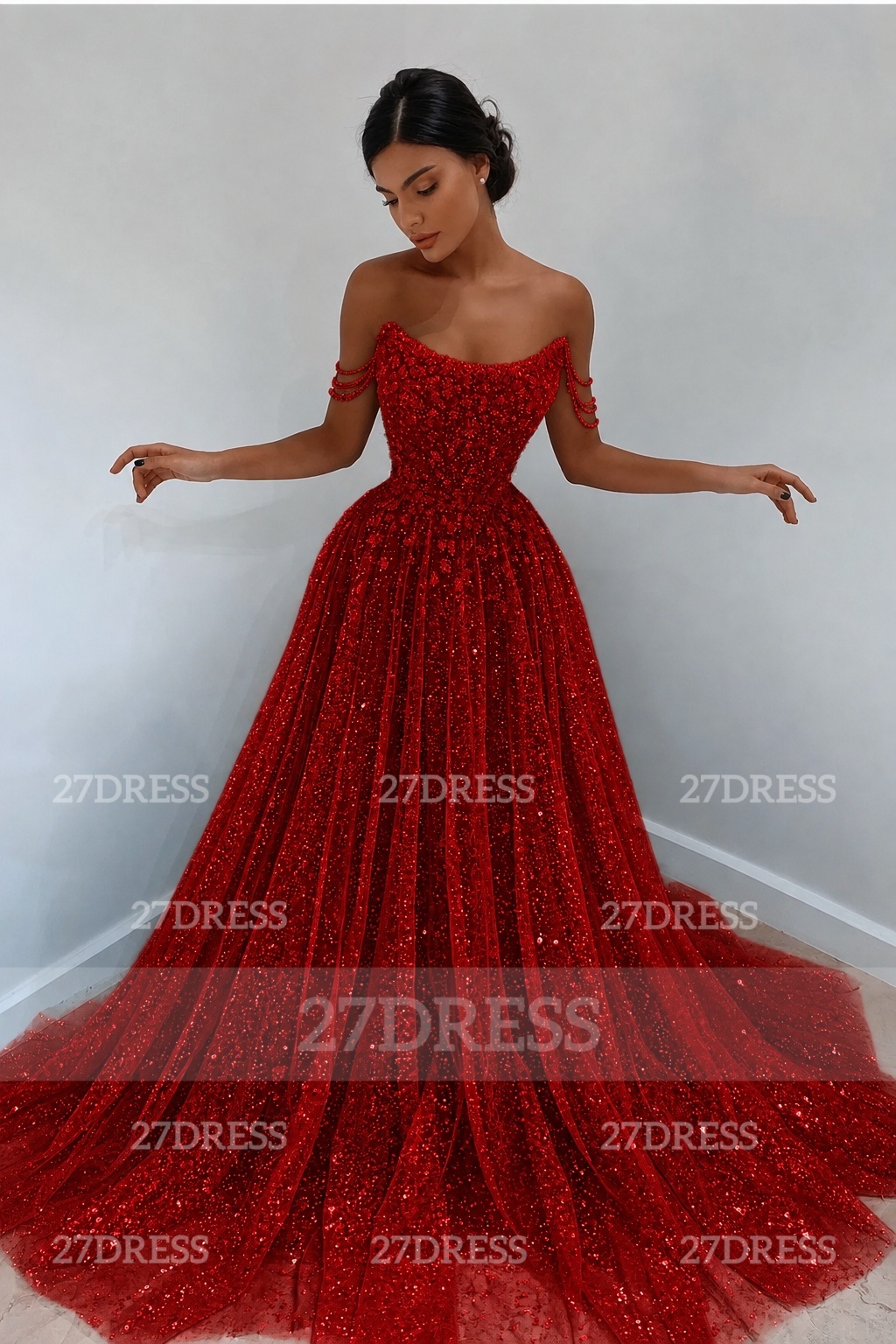 Glitter Off-the-Shoulder Beaded Evening Sequins A-Line Prom Dresses