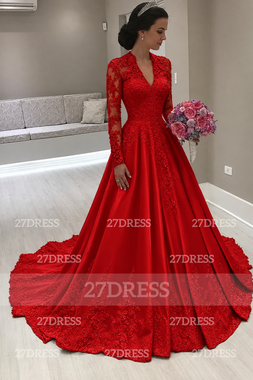 Princess Long Sleeve V-Neck Wedding Dress | Lace Bridal Gowns On Sale