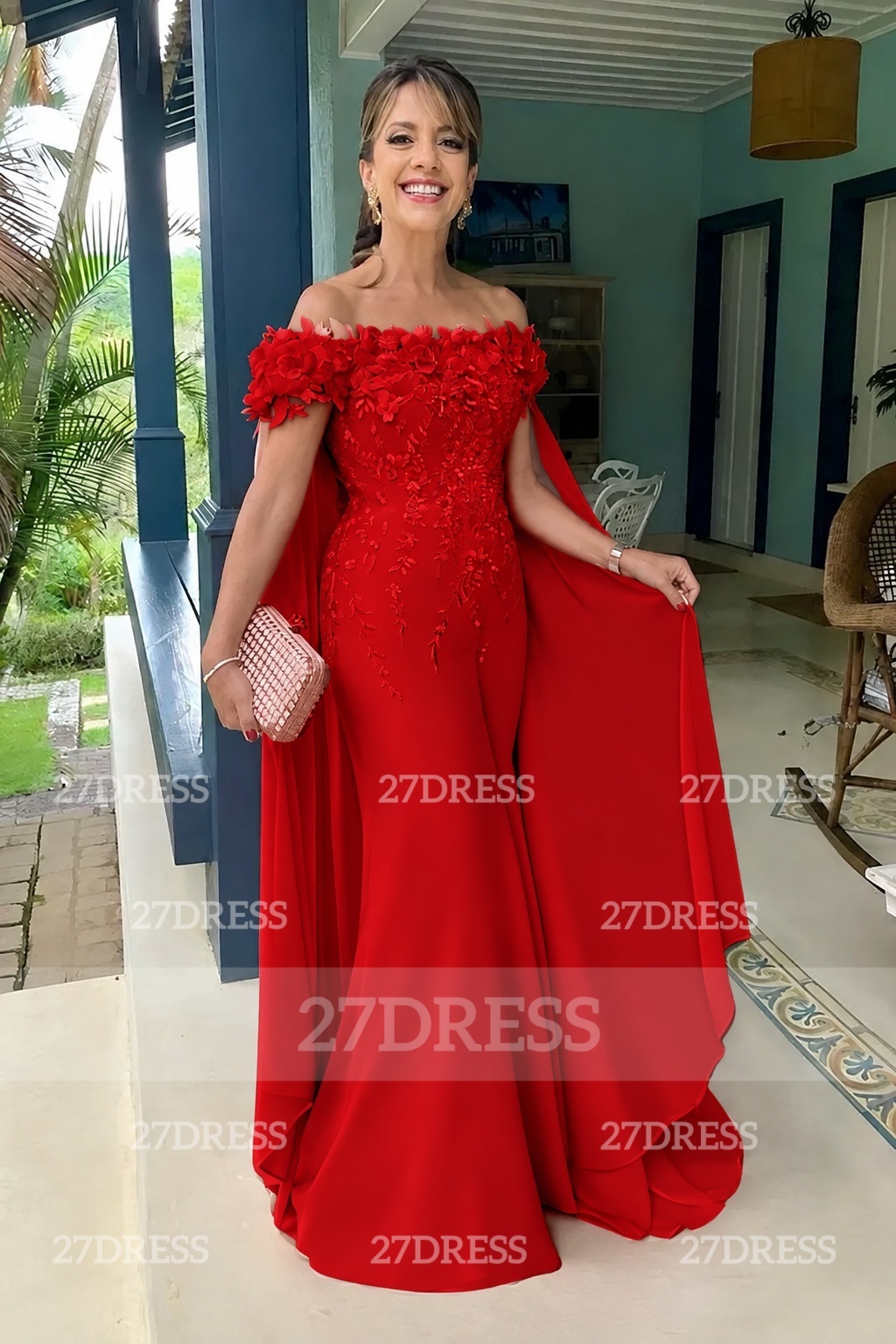 Off-the-Shoulder Pink Flowers Chiffon Mother of the Bride Dress Floor Length Wedding Guest Dress