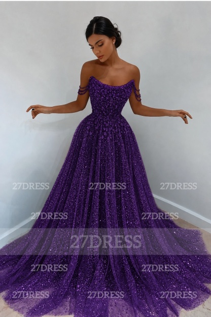 Glitter Off-the-Shoulder Beaded Evening Sequins A-Line Prom Dresses