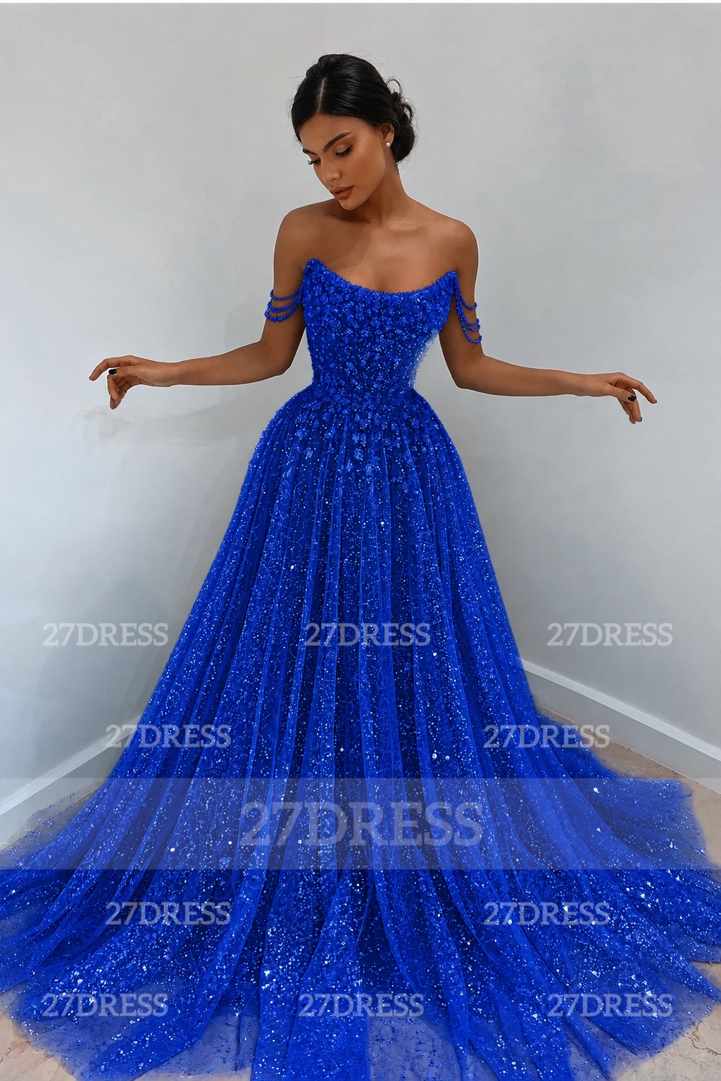 Glitter Off-the-Shoulder Beaded Evening Sequins A-Line Prom Dresses
