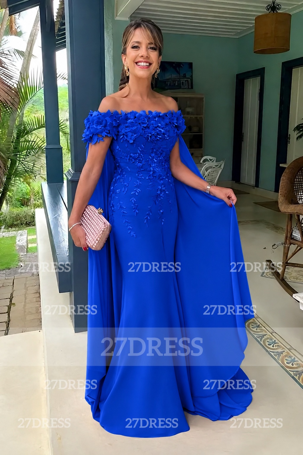 Off-the-Shoulder Pink Flowers Chiffon Mother of the Bride Dress Floor Length Wedding Guest Dress