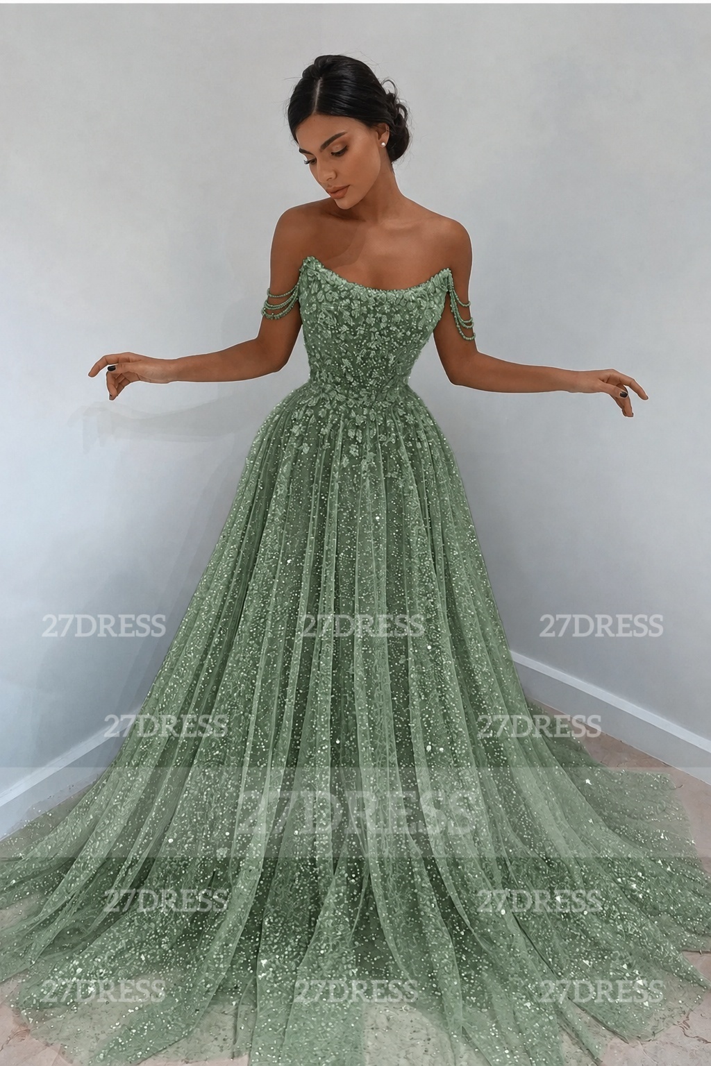 Glitter Off-the-Shoulder Beaded Evening Sequins A-Line Prom Dresses