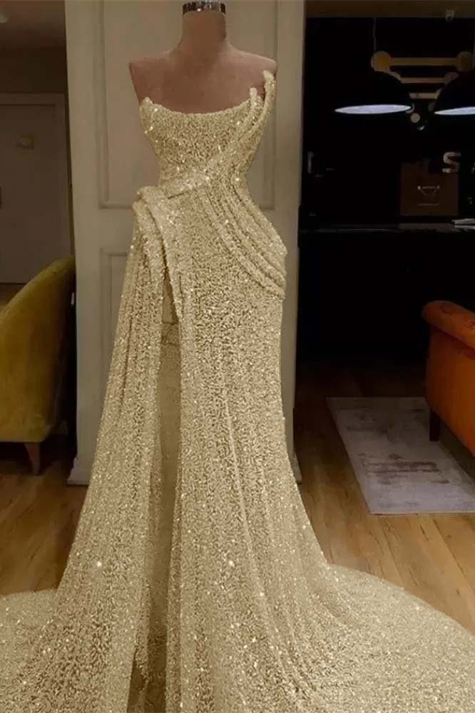 Strapless Sleeveless Sequins Ruched Mermaid Evening Gowns with High Split