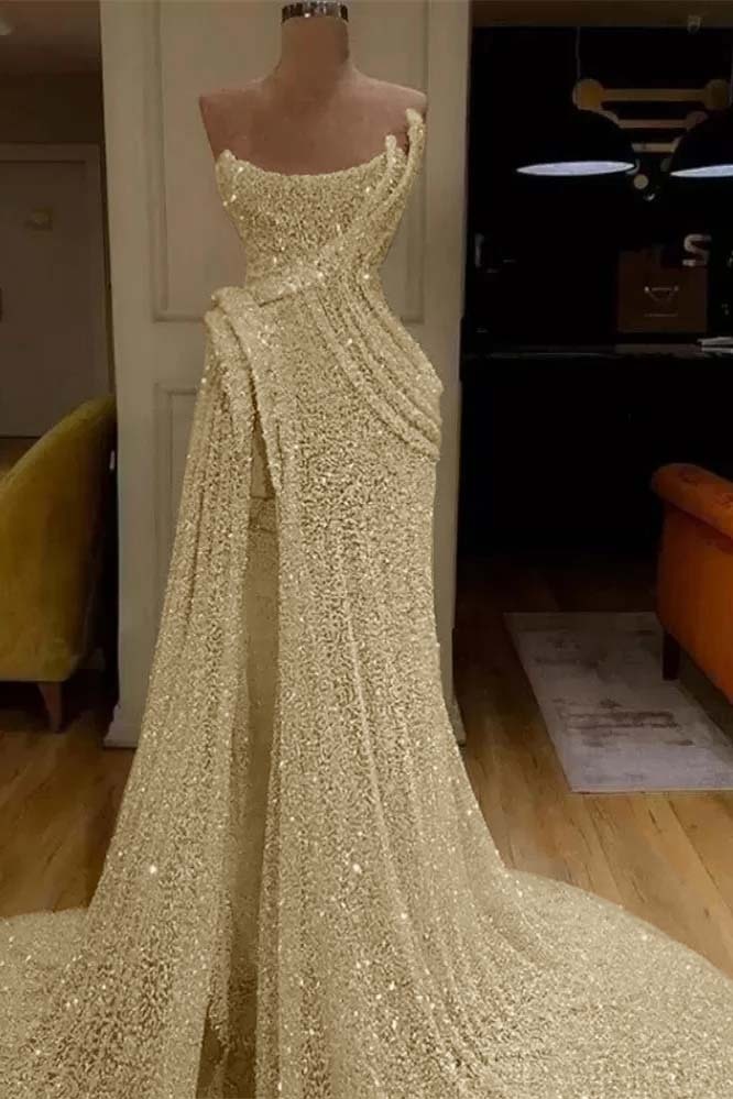 Strapless Sleeveless Sequins Ruched Mermaid Evening Gowns with High Split