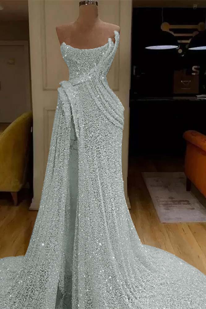 Strapless Sleeveless Sequins Ruched Mermaid Evening Gowns with High Split