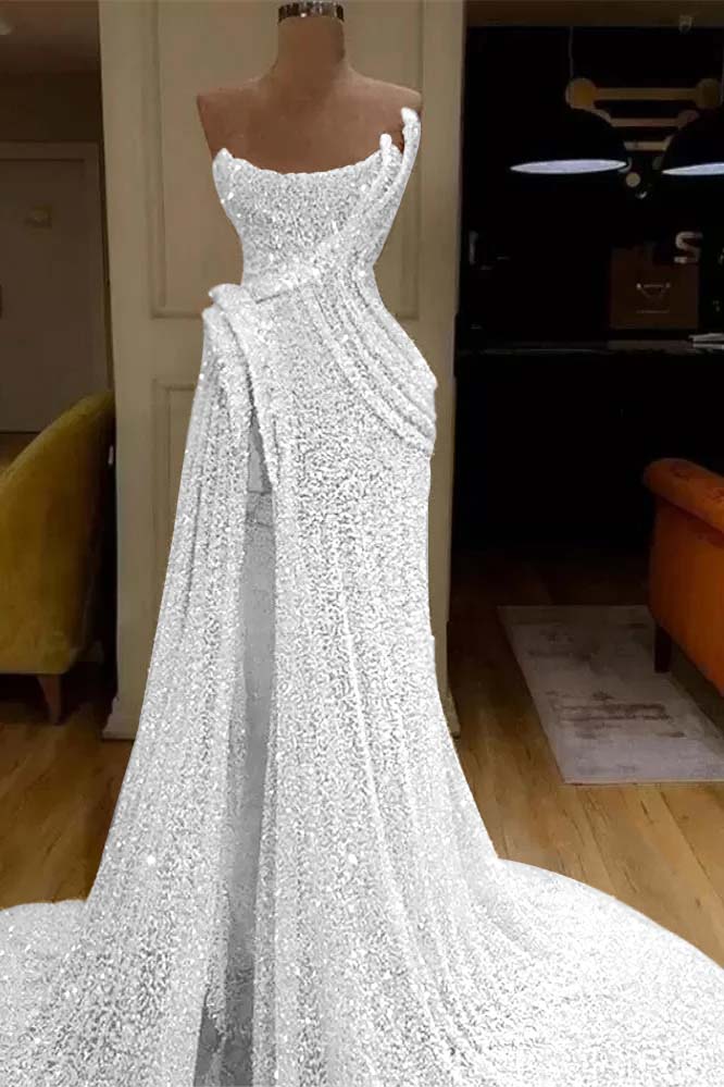 Strapless Sleeveless Sequins Ruched Mermaid Evening Gowns with High Split