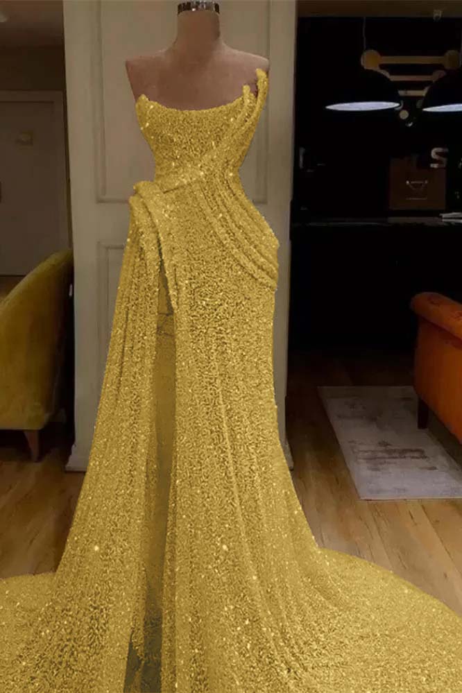 Strapless Sleeveless Sequins Ruched Mermaid Evening Gowns with High Split
