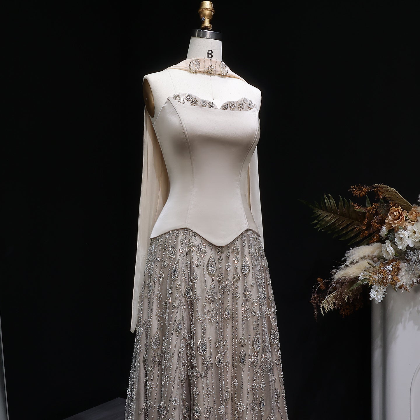 Strapless Satin Floor-Length A-Line Prom Dress with Beasings