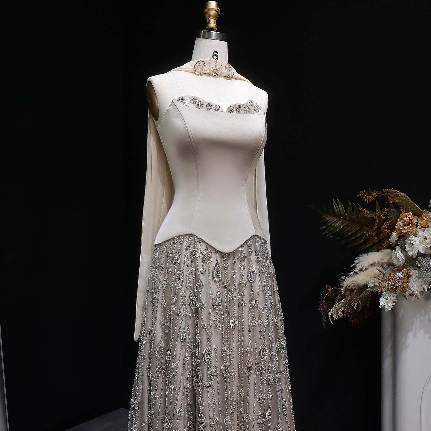 Strapless Satin Floor-Length A-Line Prom Dress with Beasings